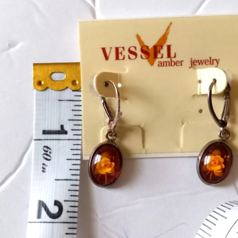 Vessel Amber and Sterling Silver Earrings w/ White Rose- Vintage- Made In Poland - Picture 1 of 4